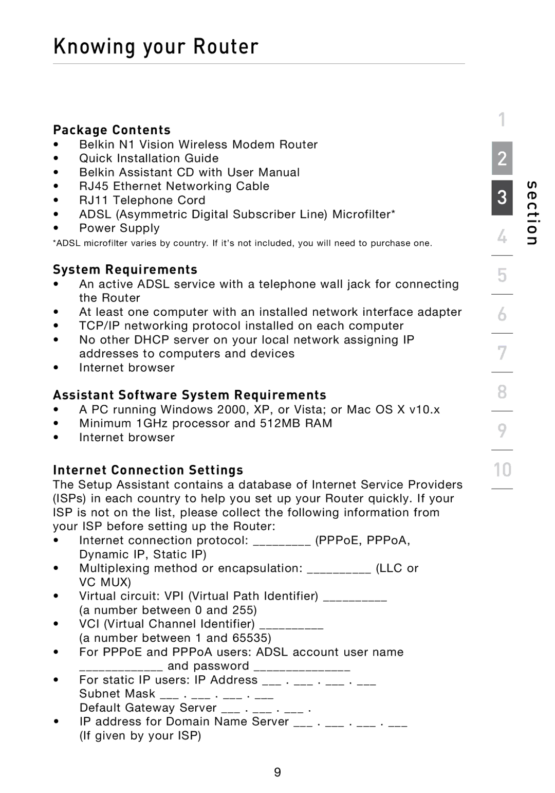 Belkin N1 Knowing your Router, Package Contents, Assistant Software System Requirements, Internet Connection Settings 