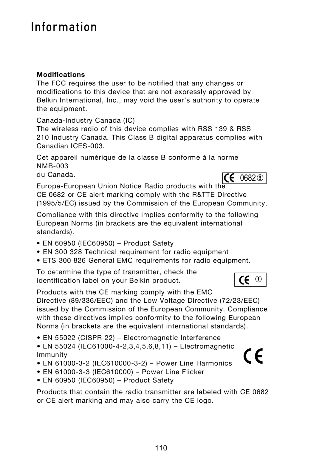 Belkin N1 user manual Information, Modifications 