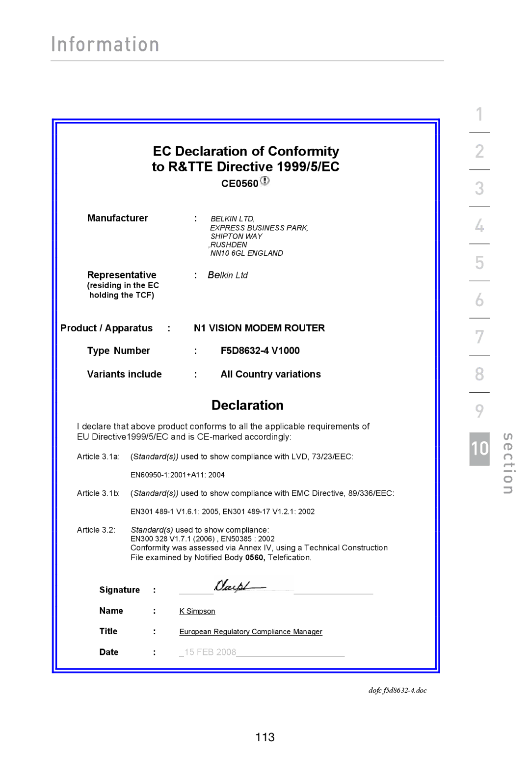 Belkin N1 user manual EC Declaration of Conformity to R&TTE Directive 1999/5/EC, CE0560 