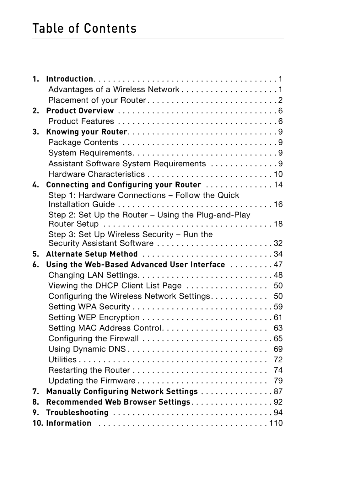 Belkin N1 user manual Table of Contents 