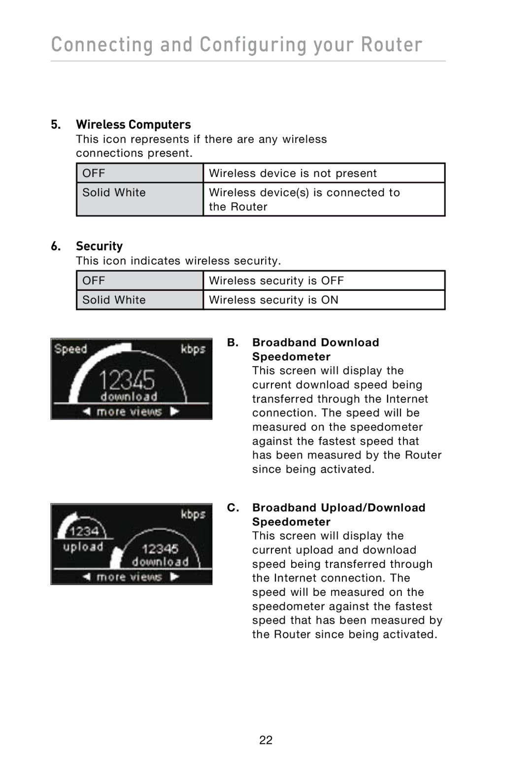 Belkin N1 user manual Wireless Computers, Security, Broadband Download Speedometer, Broadband Upload/Download Speedometer 