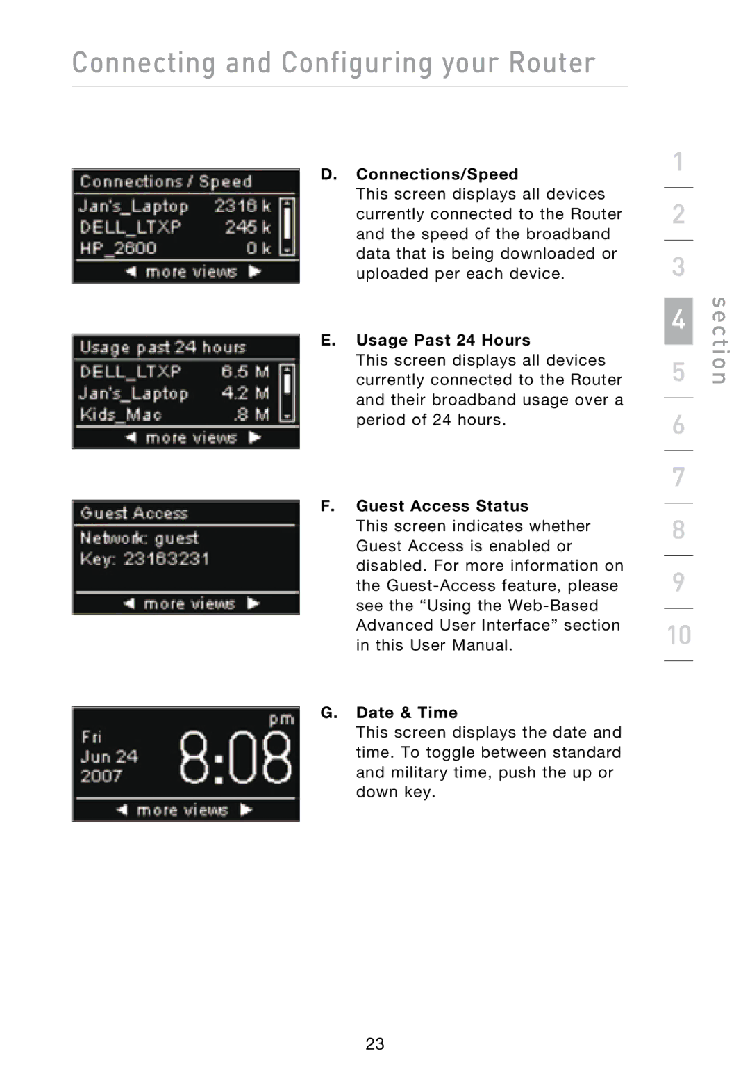 Belkin N1 user manual Connections/Speed, Usage Past 24 Hours, Guest Access Status Date & Time 