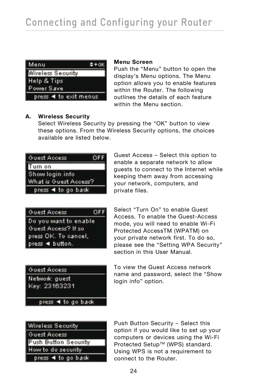 Belkin N1 user manual Menu Screen, Wireless Security 