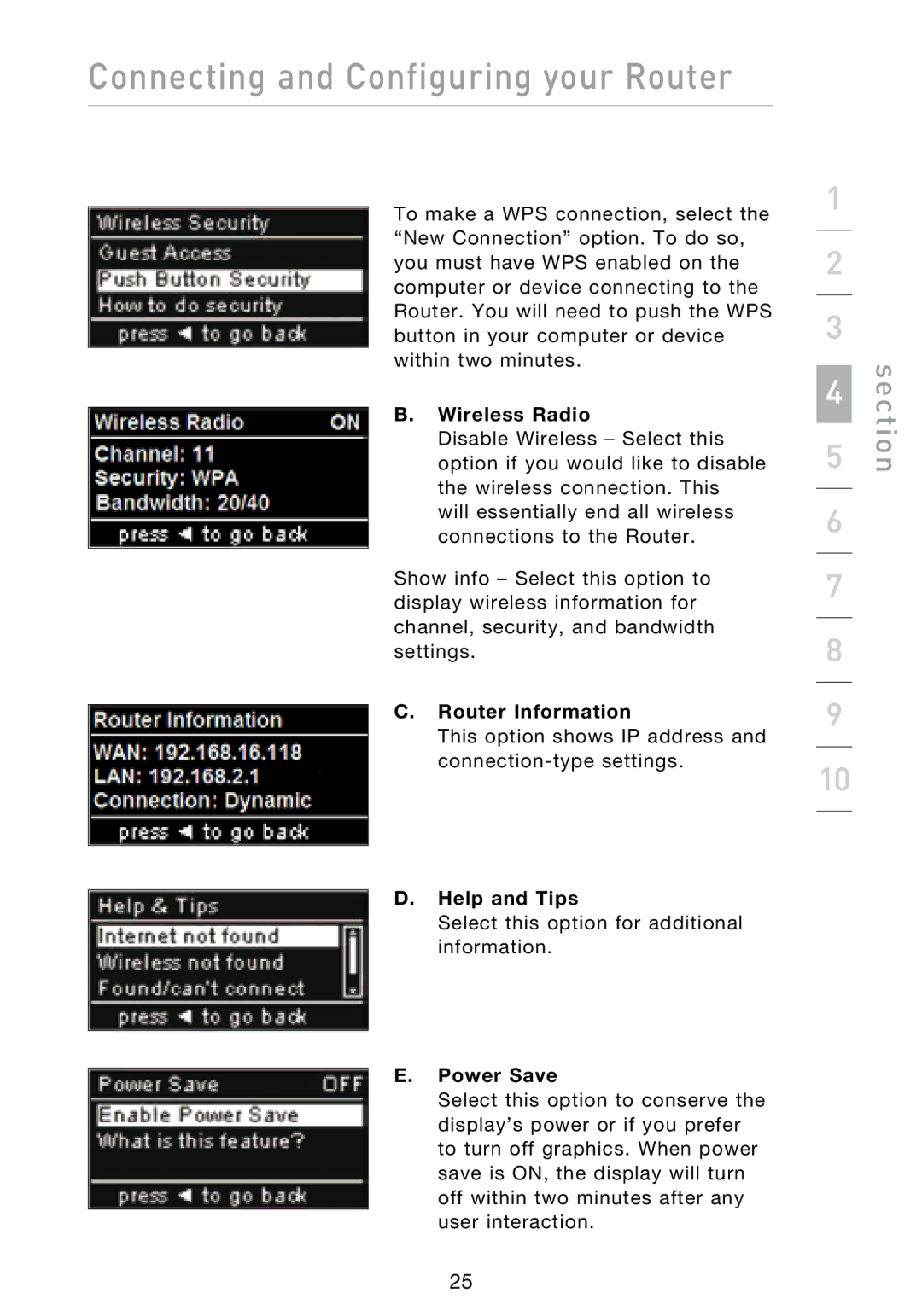 Belkin N1 user manual Wireless Radio, Router Information, Help and Tips, Power Save 