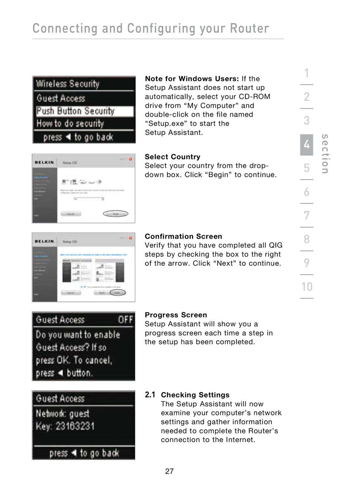 Belkin N1 user manual Select Country, Confirmation Screen, Progress Screen, Checking Settings 