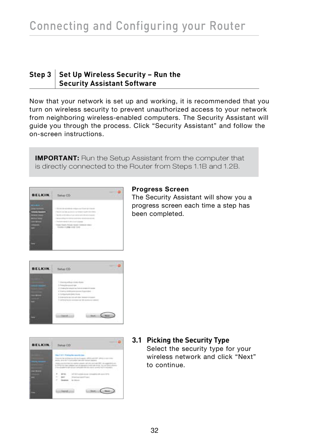 Belkin N1 user manual Picking the Security Type, Progress Screen 