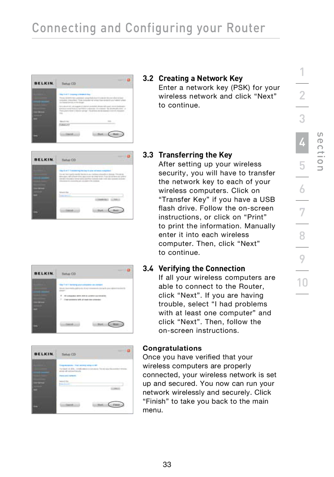 Belkin N1 user manual Creating a Network Key, Transferring the Key, Verifying the Connection 