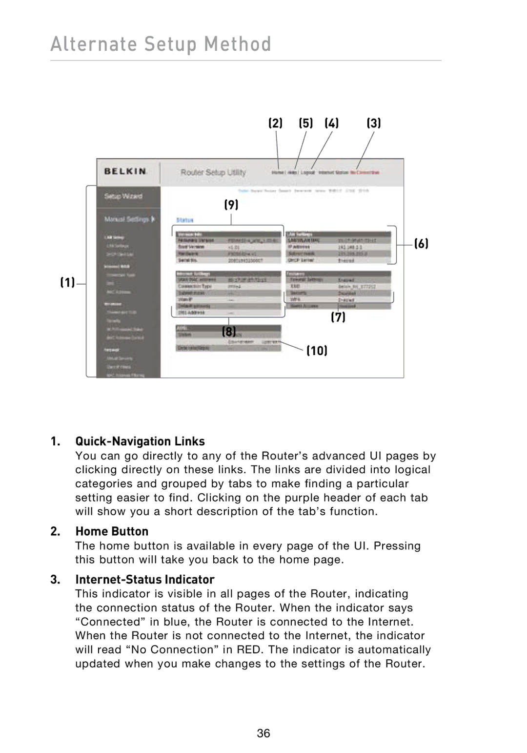 Belkin N1 user manual Quick-Navigation Links, Home Button, Internet-Status Indicator 