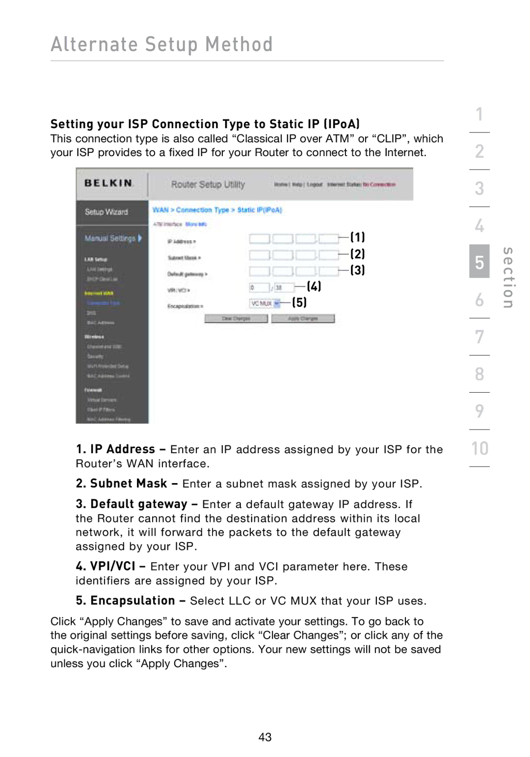 Belkin N1 user manual Setting your ISP Connection Type to Static IP IPoA 