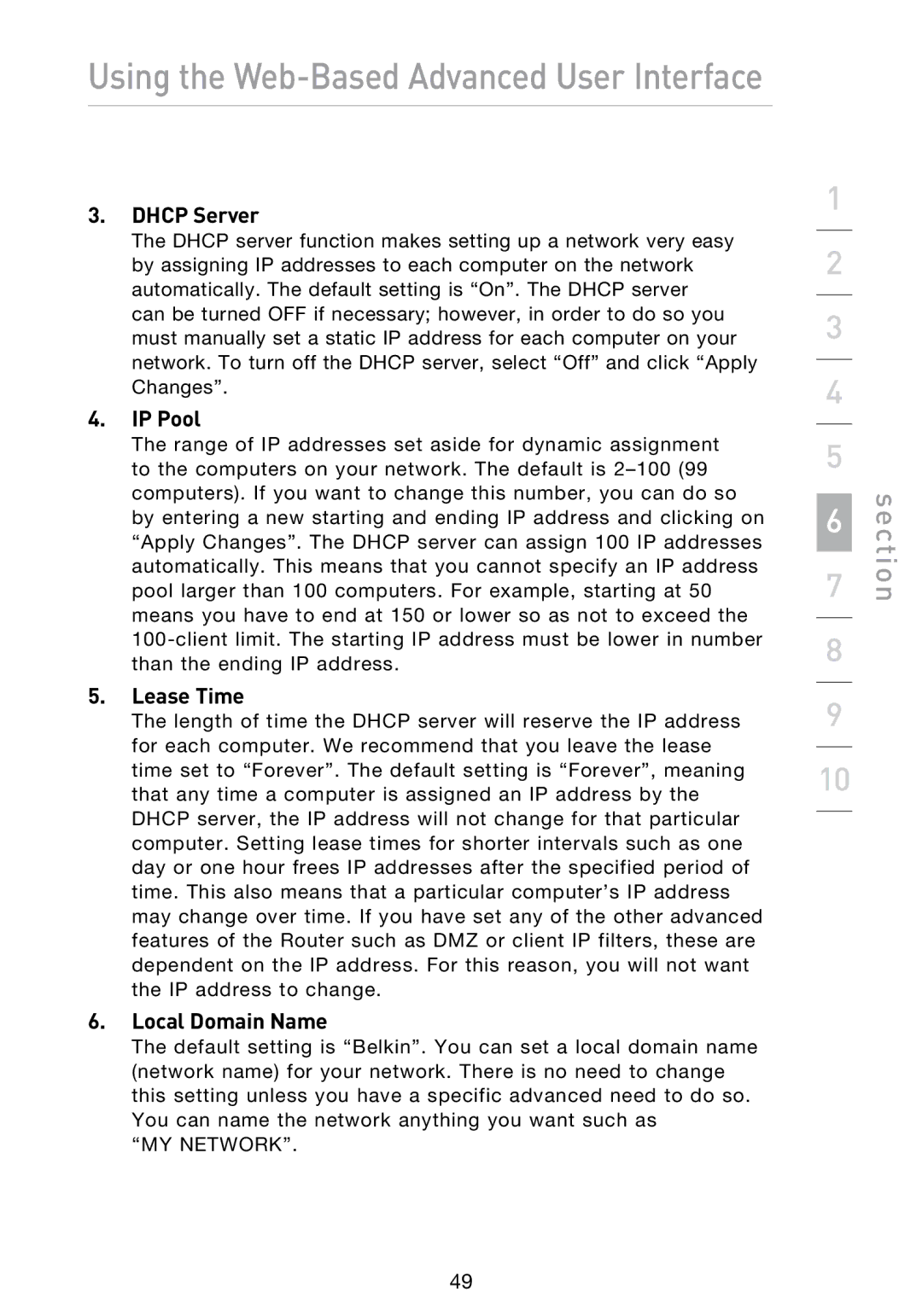 Belkin N1 user manual Dhcp Server, IP Pool, Lease Time, Local Domain Name 