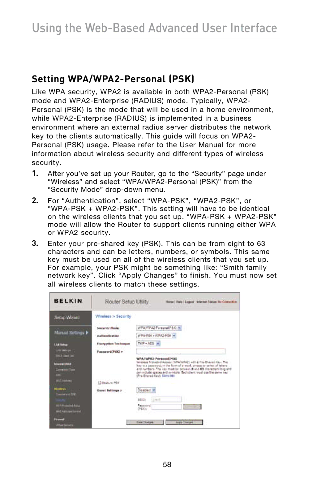 Belkin N1 user manual Setting WPA/WPA2-Personal PSK 