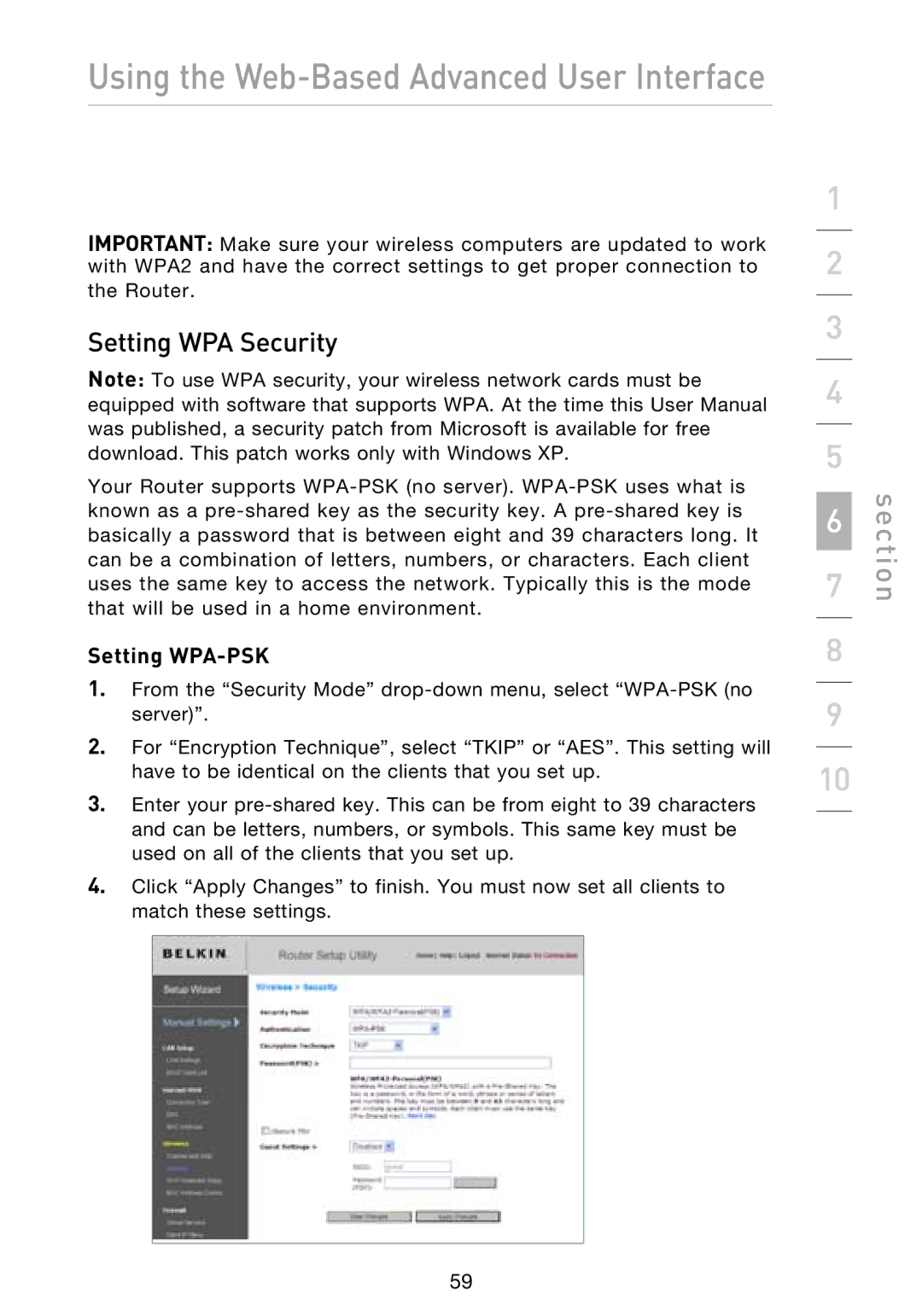 Belkin N1 user manual Setting WPA Security, Setting WPA-PSK 