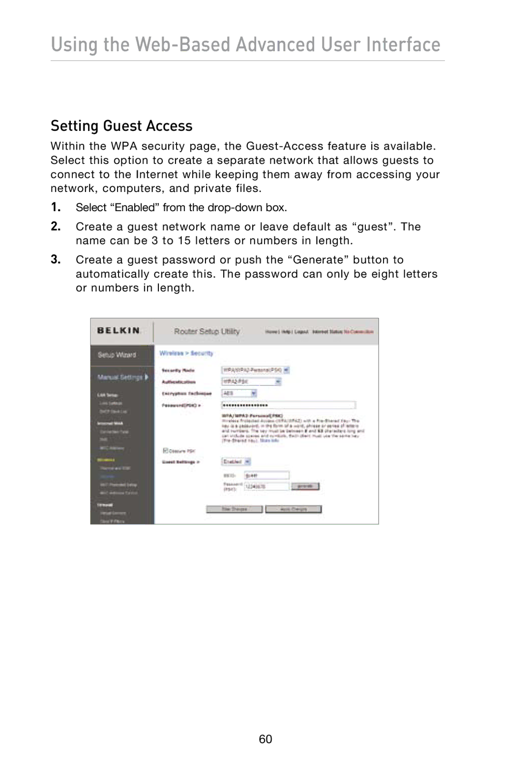 Belkin N1 user manual Setting Guest Access 