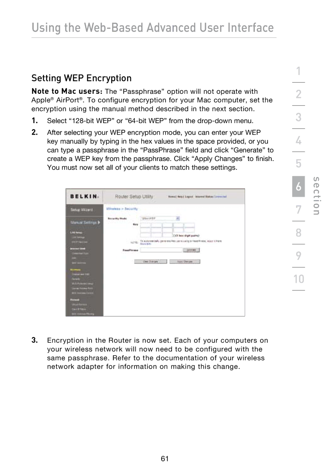 Belkin N1 user manual Setting WEP Encryption 