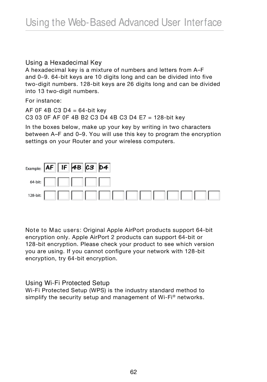 Belkin N1 user manual Using a Hexadecimal Key, Using Wi-Fi Protected Setup 