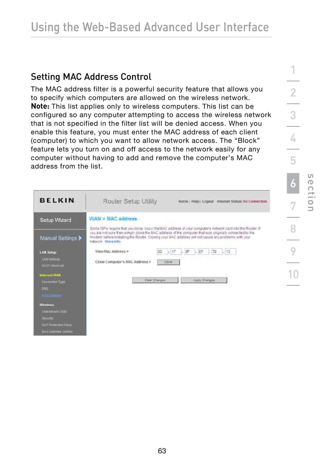 Belkin N1 user manual Setting MAC Address Control 