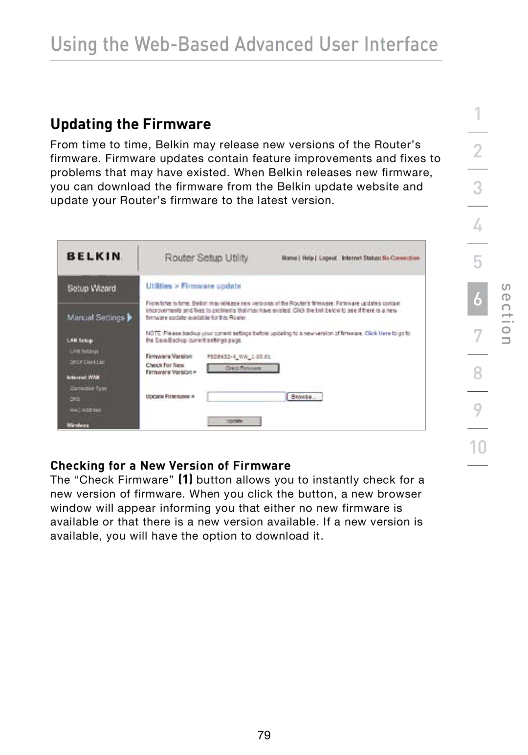 Belkin N1 user manual Updating the Firmware, Checking for a New Version of Firmware 