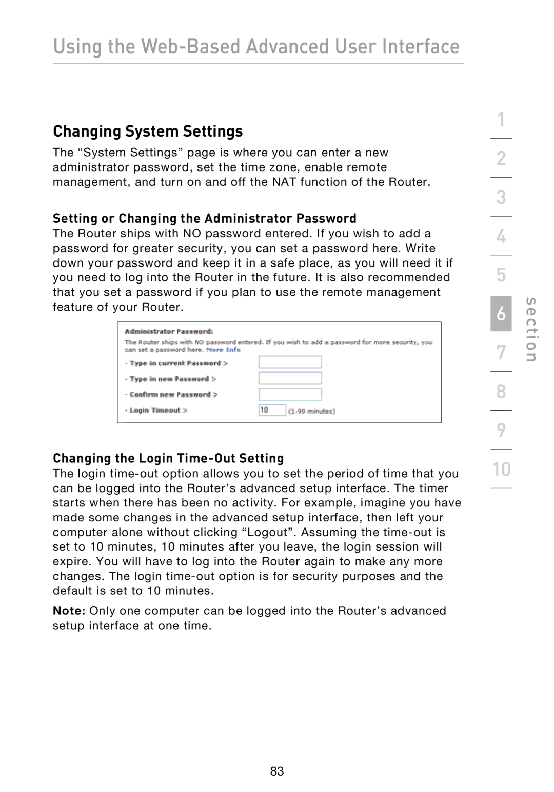 Belkin N1 user manual Setting or Changing the Administrator Password, Changing the Login Time-Out Setting 