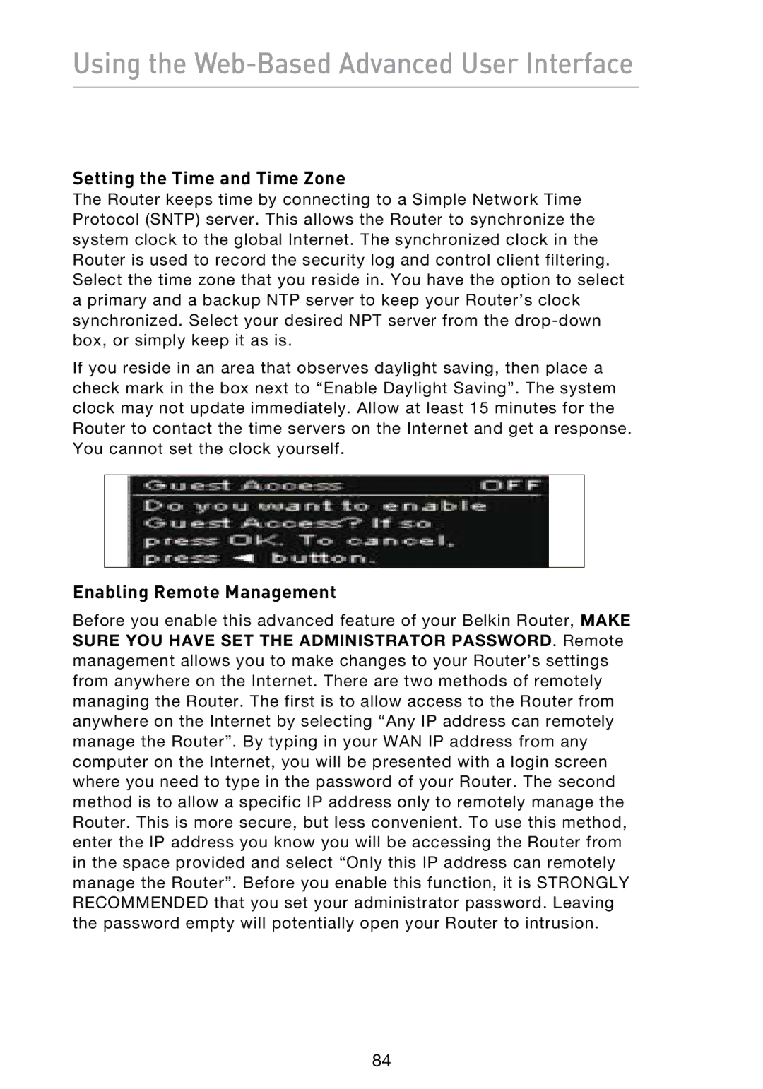 Belkin N1 user manual Setting the Time and Time Zone, Enabling Remote Management 