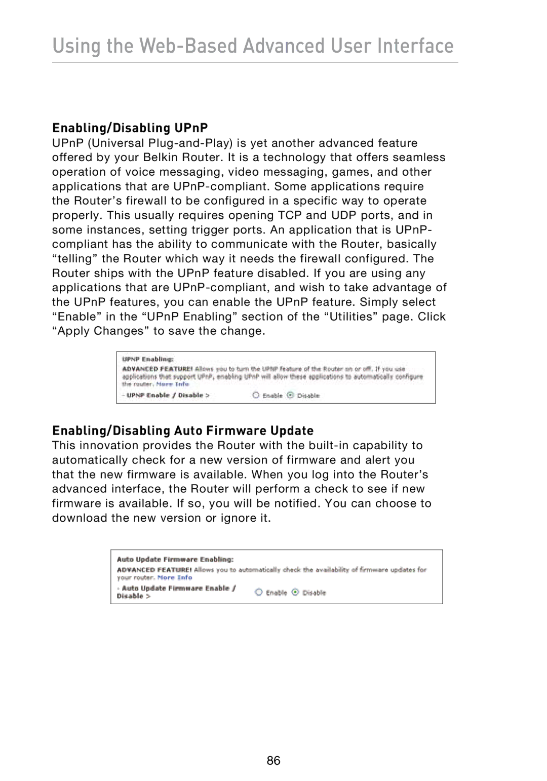 Belkin N1 user manual Enabling/Disabling UPnP, Enabling/Disabling Auto Firmware Update 