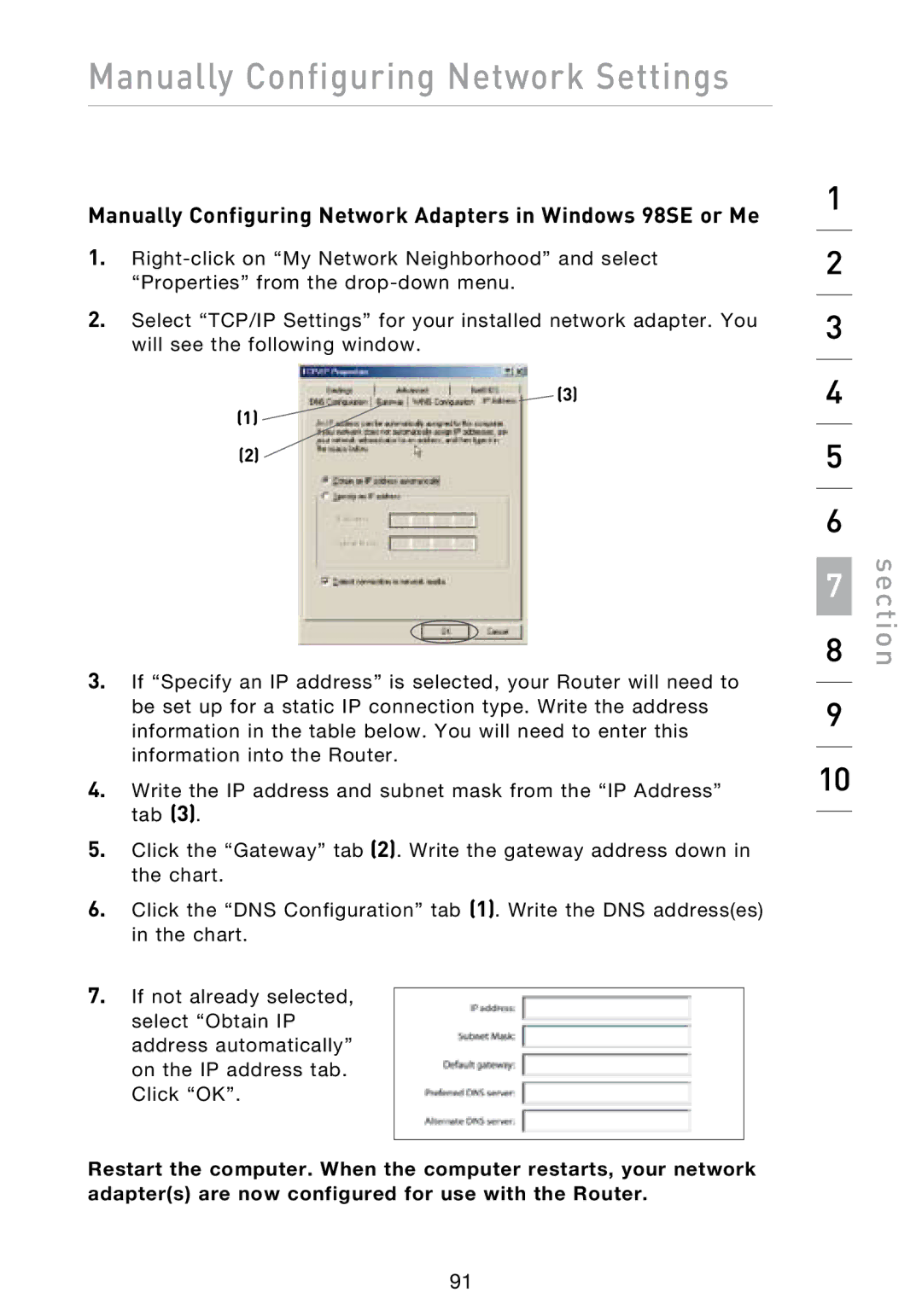 Belkin N1 user manual Manually Configuring Network Adapters in Windows 98SE or Me 