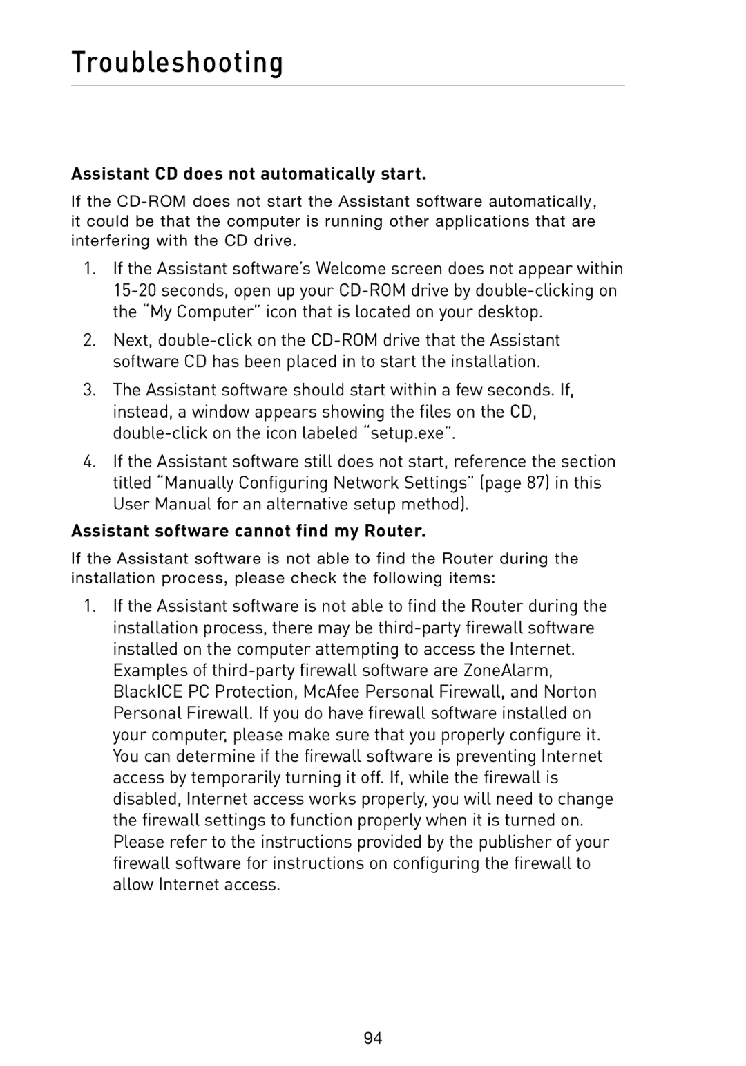 Belkin N1 user manual Troubleshooting, Assistant CD does not automatically start, Assistant software cannot find my Router 