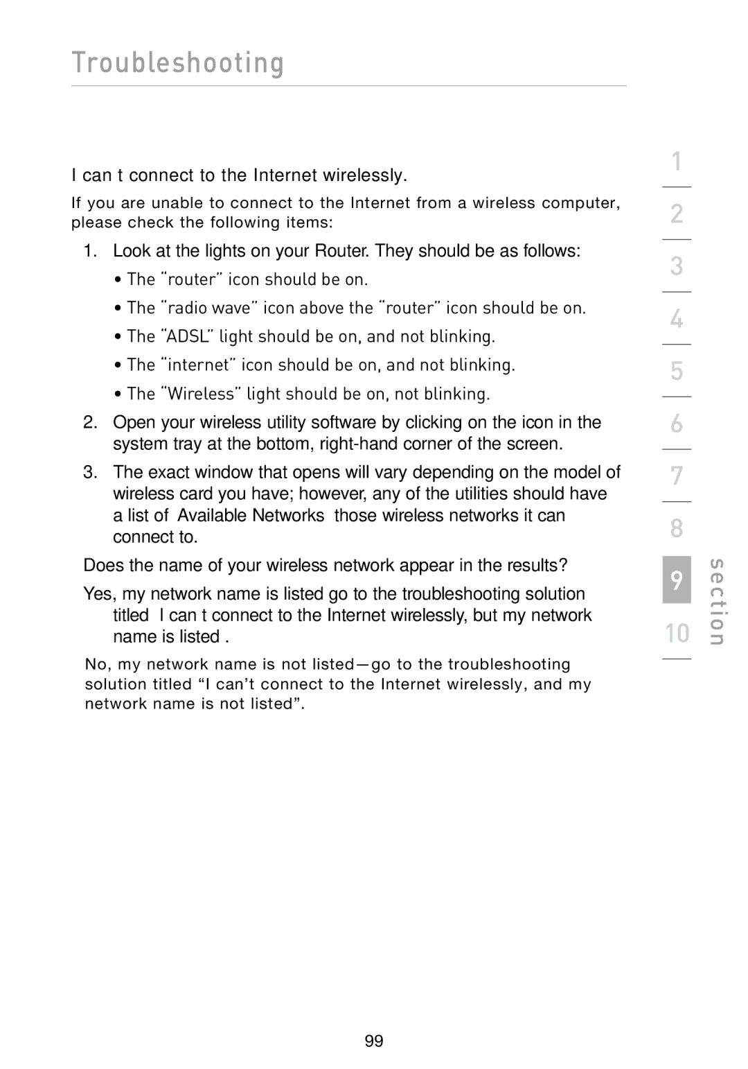 Belkin N1 user manual Can’t connect to the Internet wirelessly 