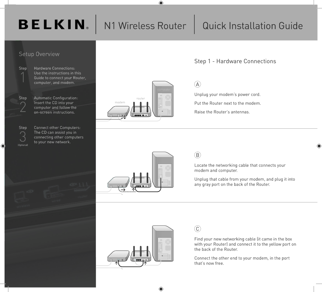 Belkin manual N1 Wireless Router Quick Installation Guide, Hardware Connections 