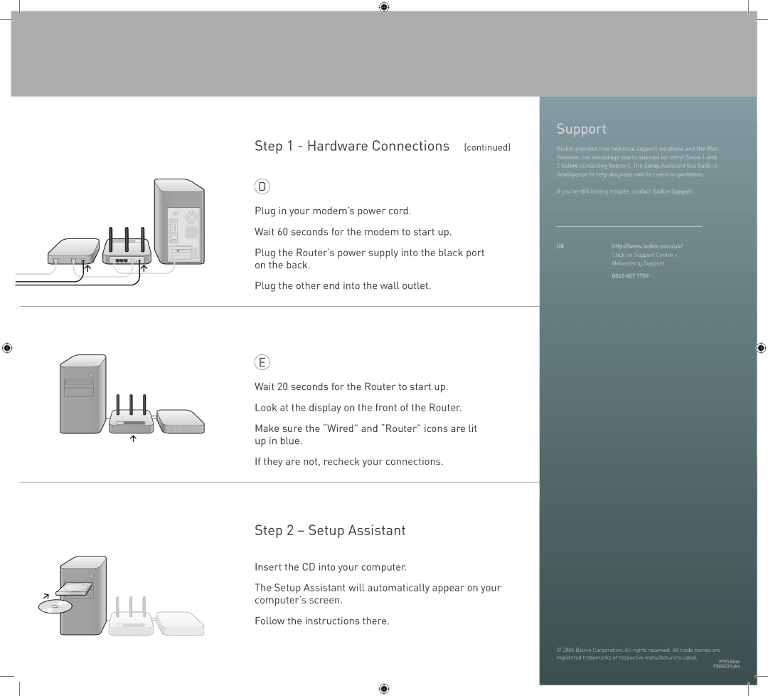 Belkin N1 manual Support, Setup Assistant 