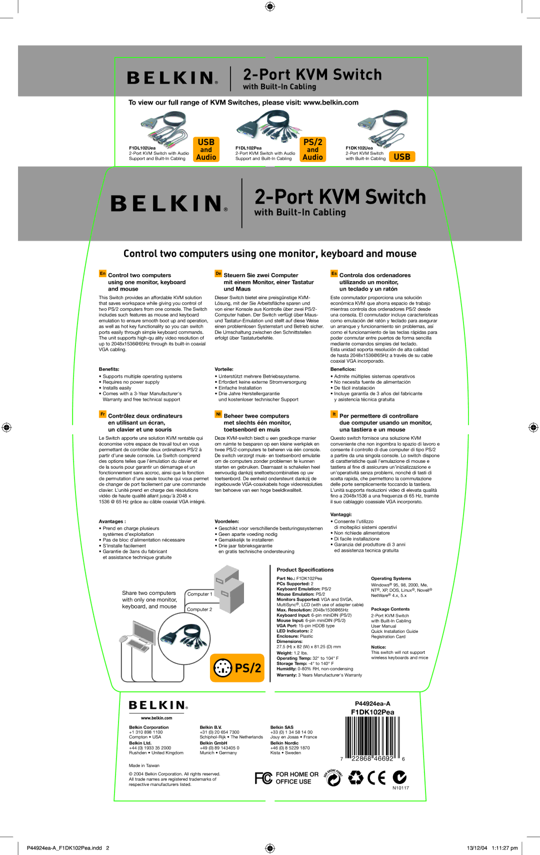 Belkin N10117 manual Un teclado y un ratón, Un clavier et une souris, P44924ea-A 