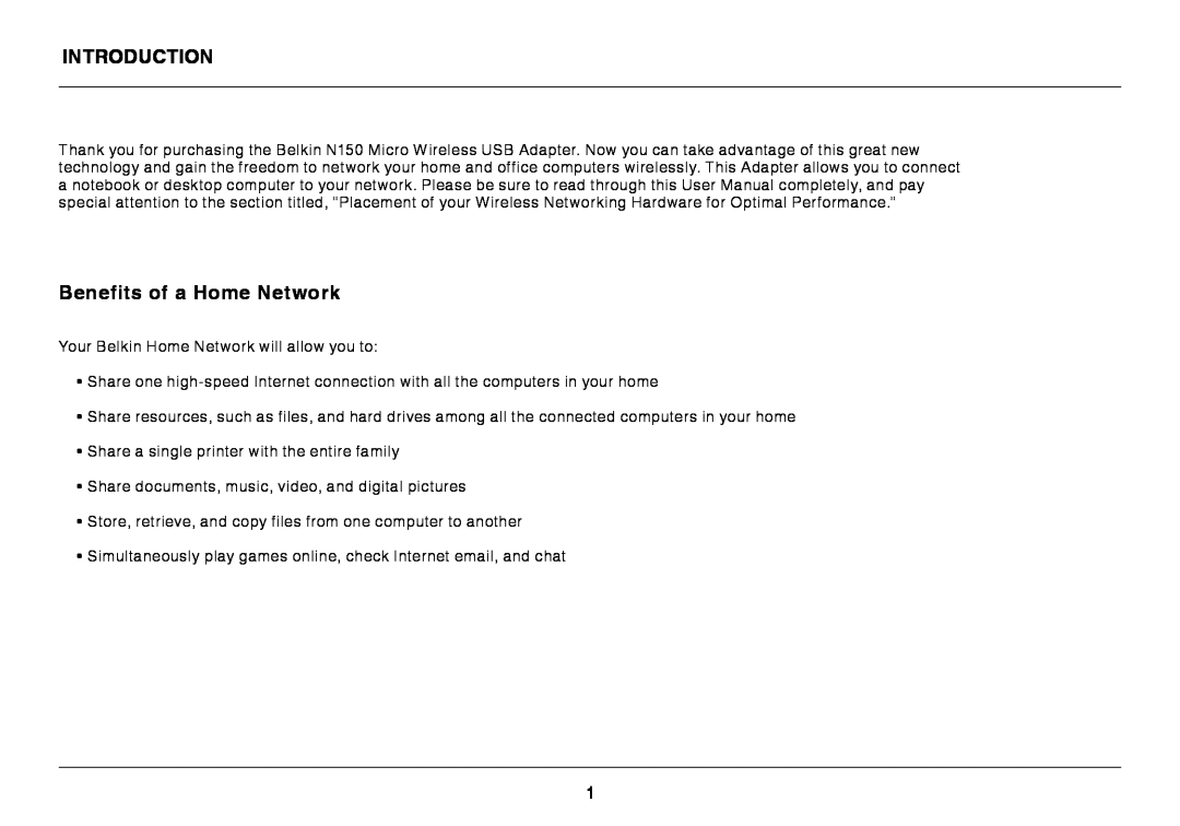 Belkin N150 Micro user manual Introduction, Benefits of a Home Network 