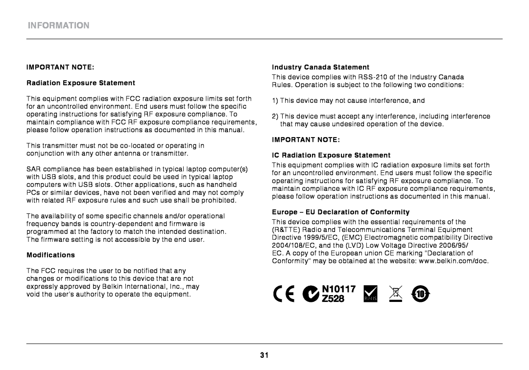 Belkin N150 Micro Information, IMPORTANT NOTE Radiation Exposure Statement, Modifications, Industry Canada Statement 