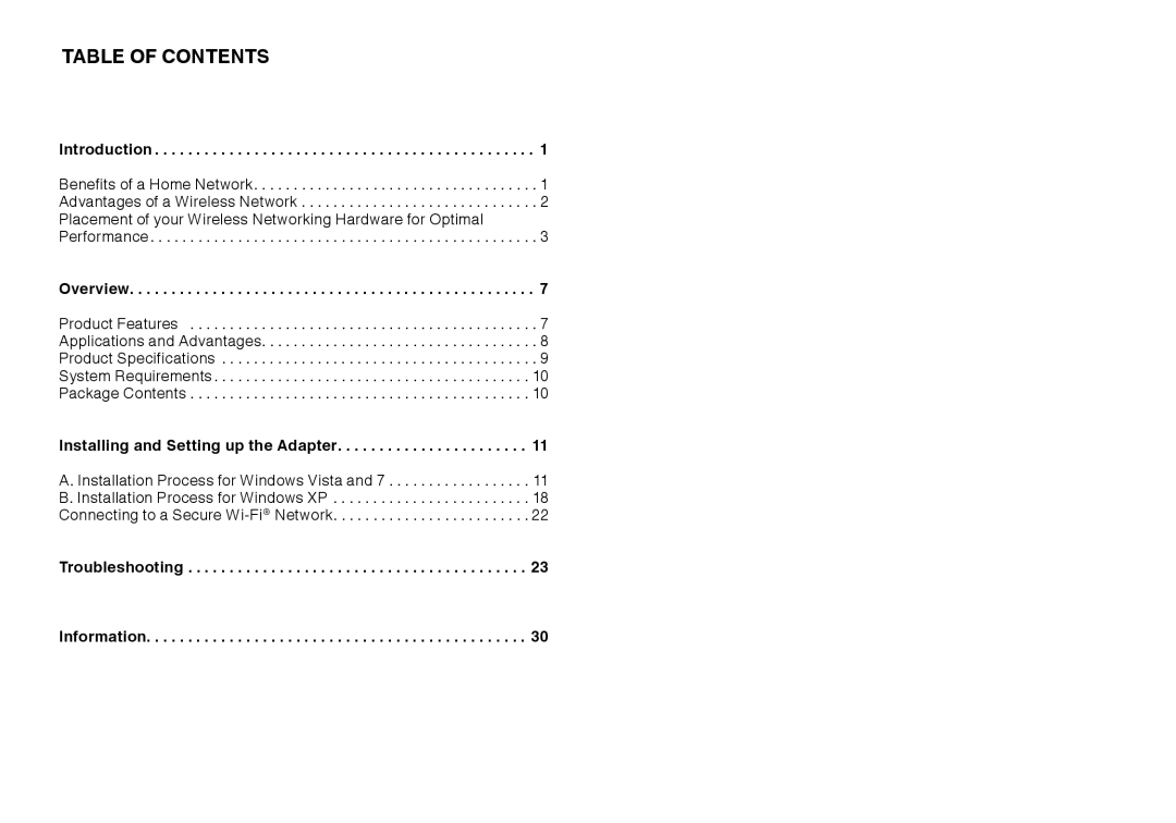 Belkin N150 Micro user manual Table Of Contents 