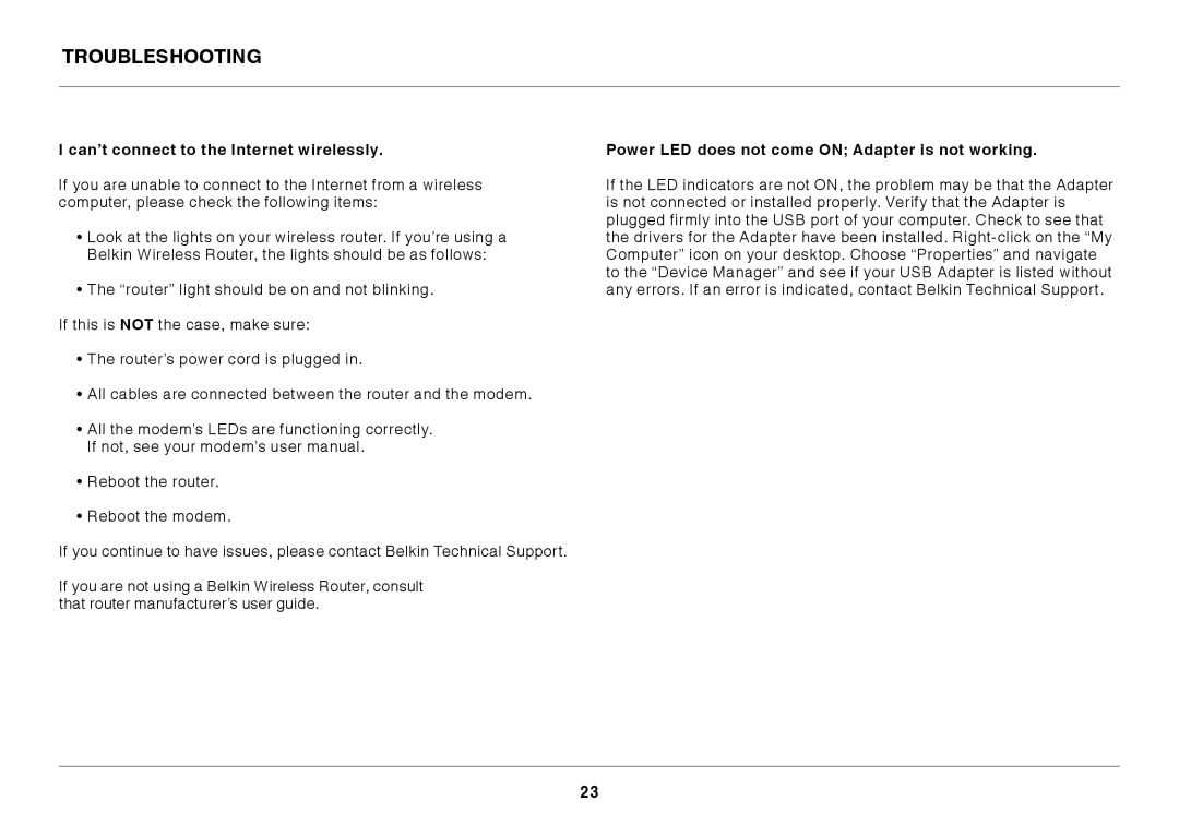 Belkin N150 Micro user manual Troubleshooting, Can’t connect to the Internet wirelessly 