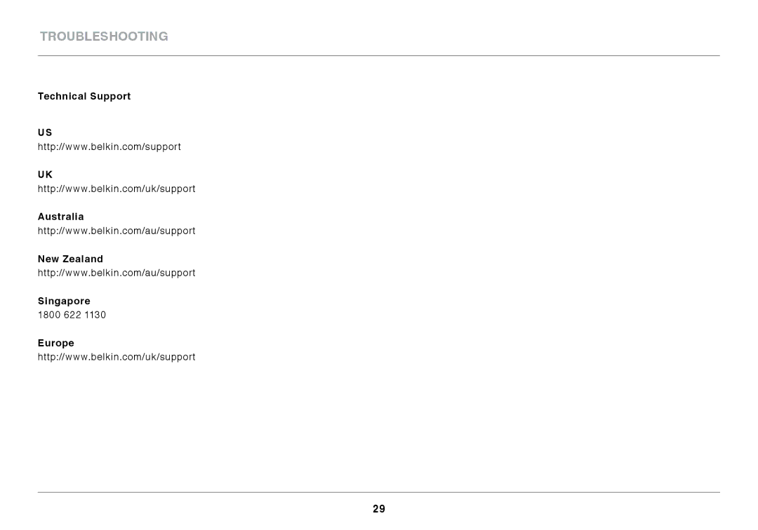 Belkin N150 Micro user manual Technical Support Australia New Zealand Singapore, Europe 
