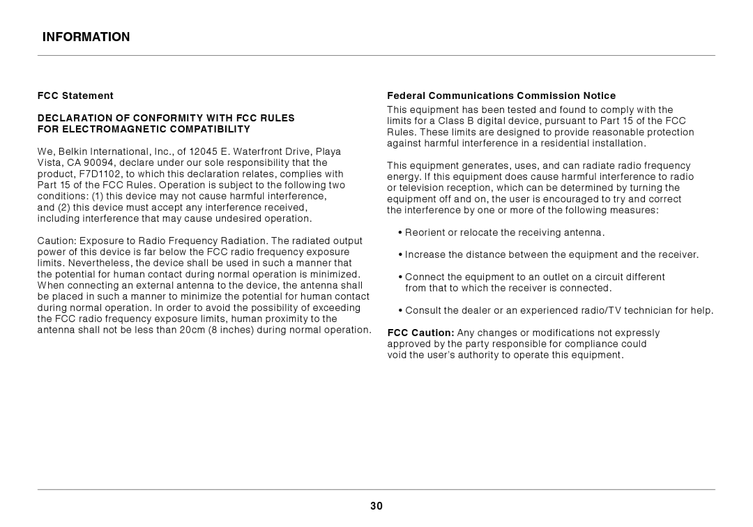 Belkin N150 Micro user manual Information, FCC Statement, Federal Communications Commission Notice 