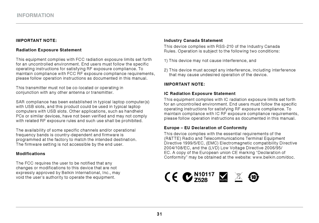 Belkin N150 Micro user manual Modifications, Industry Canada Statement, IC Radiation Exposure Statement 