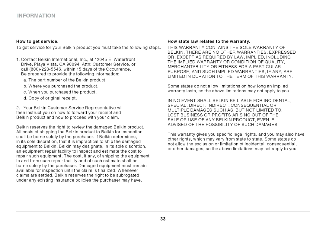 Belkin N150 Micro user manual How to get service, How state law relates to the warranty 