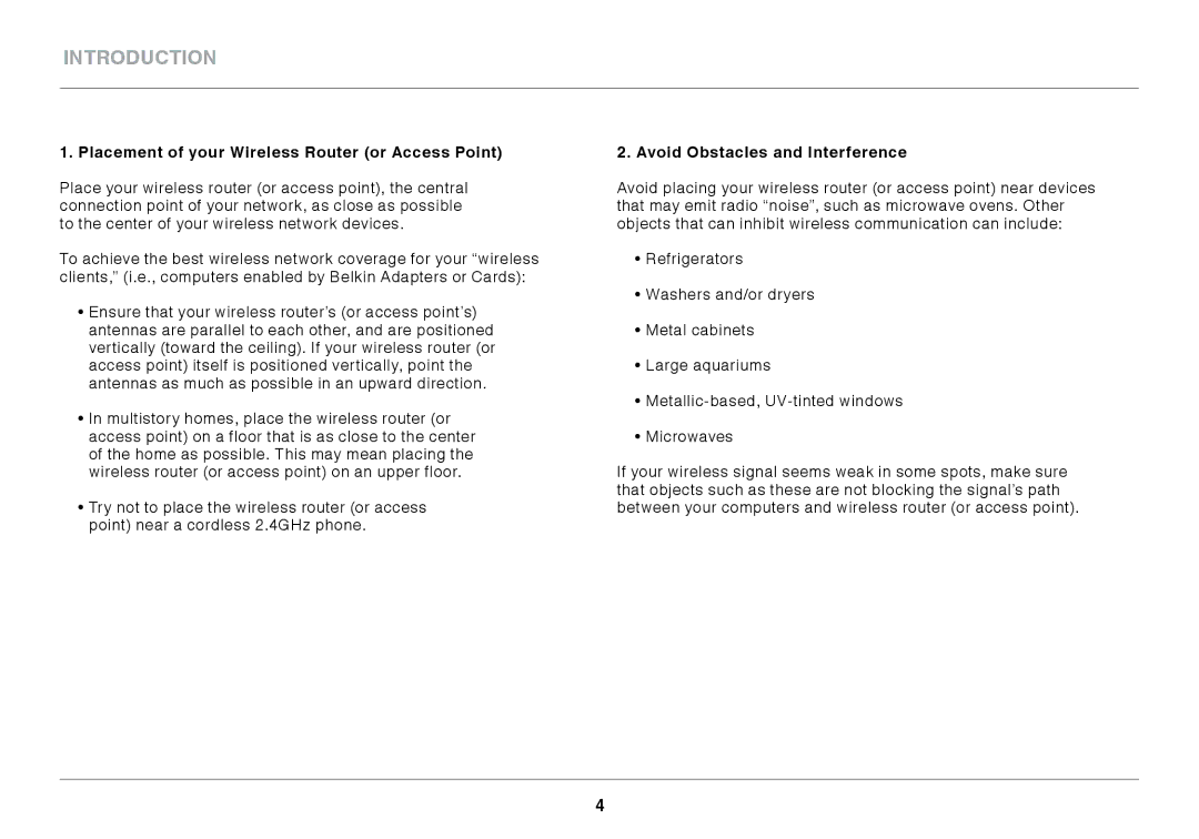 Belkin N150 Micro user manual Placement of your Wireless Router or Access Point, Avoid Obstacles and Interference 