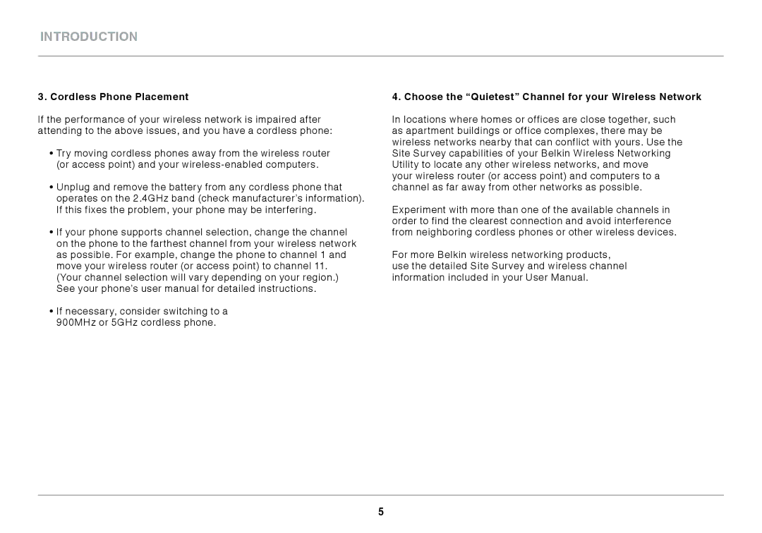 Belkin N150 Micro user manual Cordless Phone Placement, Choose the Quietest Channel for your Wireless Network 