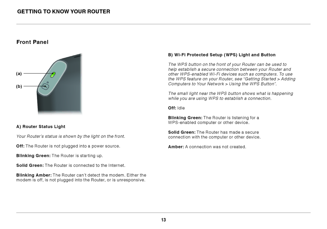 Belkin N150 Getting to Know Your Router Front Panel, Router Status Light, Wi-Fi Protected Setup WPS Light and Button 