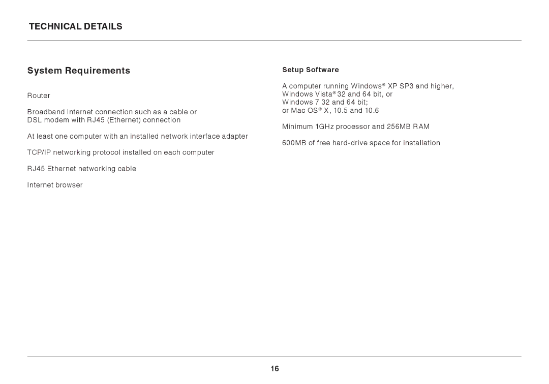 Belkin N150 user manual Technical Details System Requirements, Setup Software 