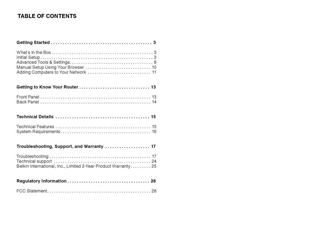 Belkin N150 user manual Table Of Contents 