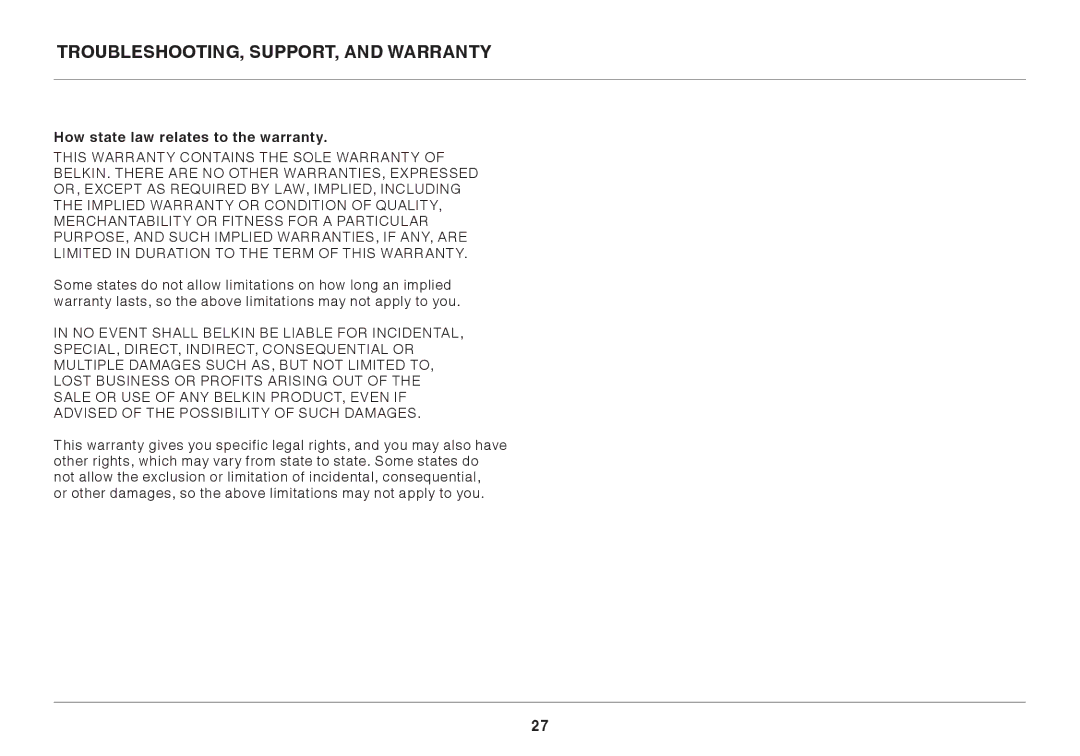 Belkin N150 user manual How state law relates to the warranty 