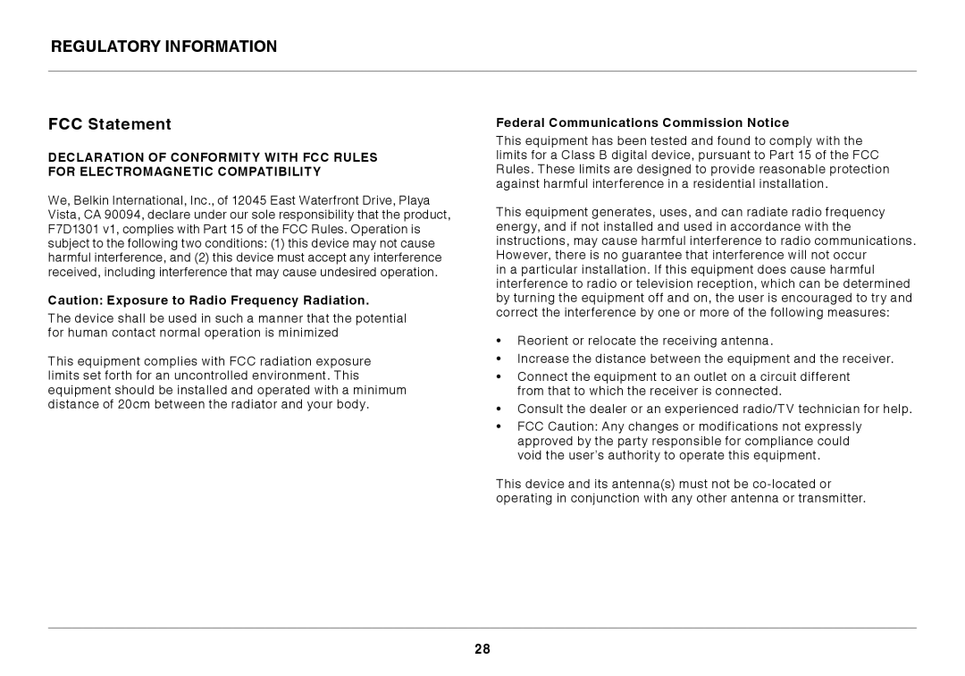 Belkin N150 user manual Regulatory Information FCC Statement, Federal Communications Commission Notice 