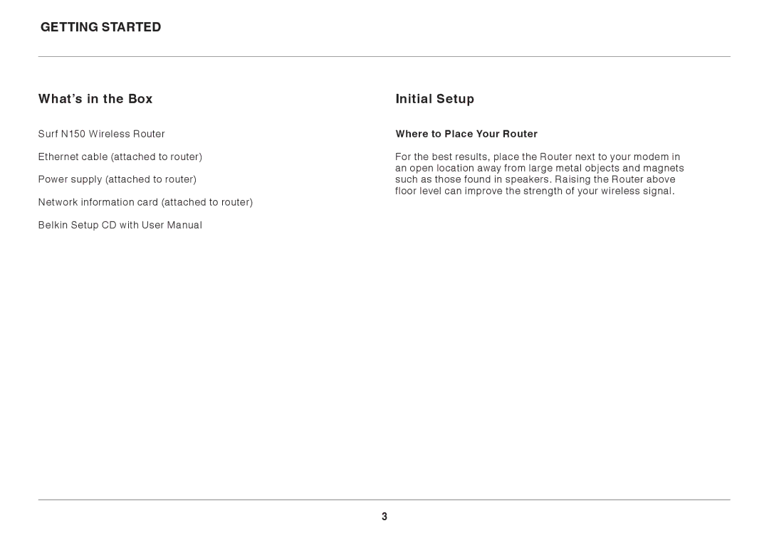 Belkin N150 user manual Getting Started What’s in the Box, Initial Setup, Where to Place Your Router 