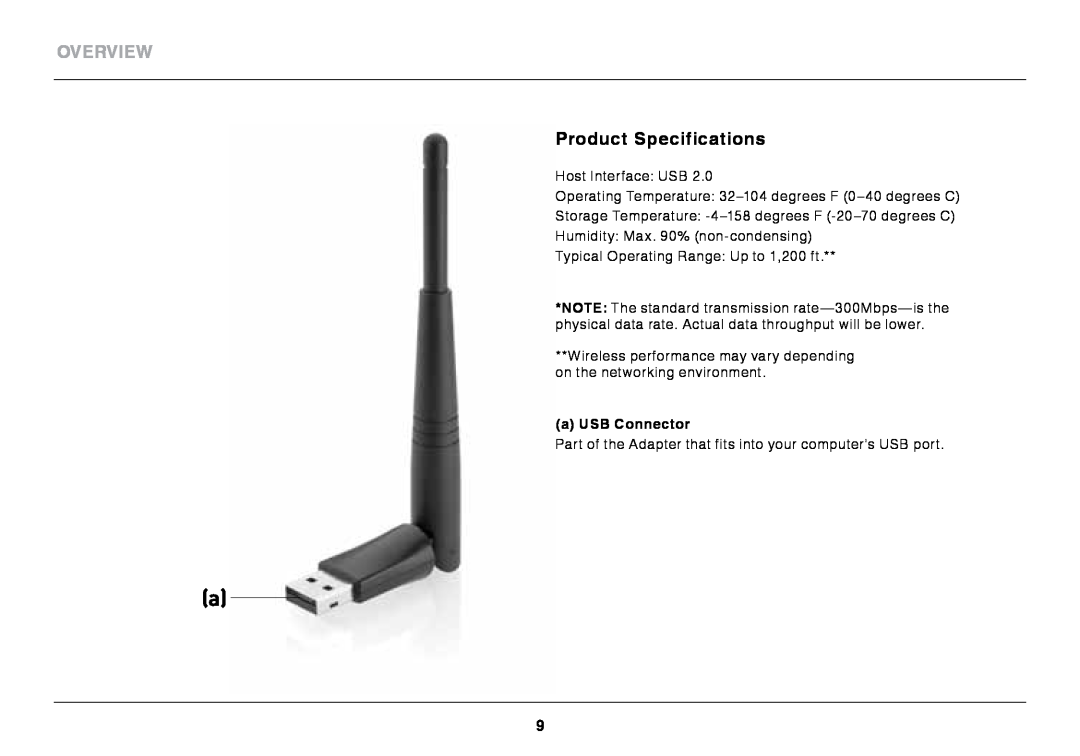 Belkin N300 XR user manual Product Specifications, a USB Connector, Overview 