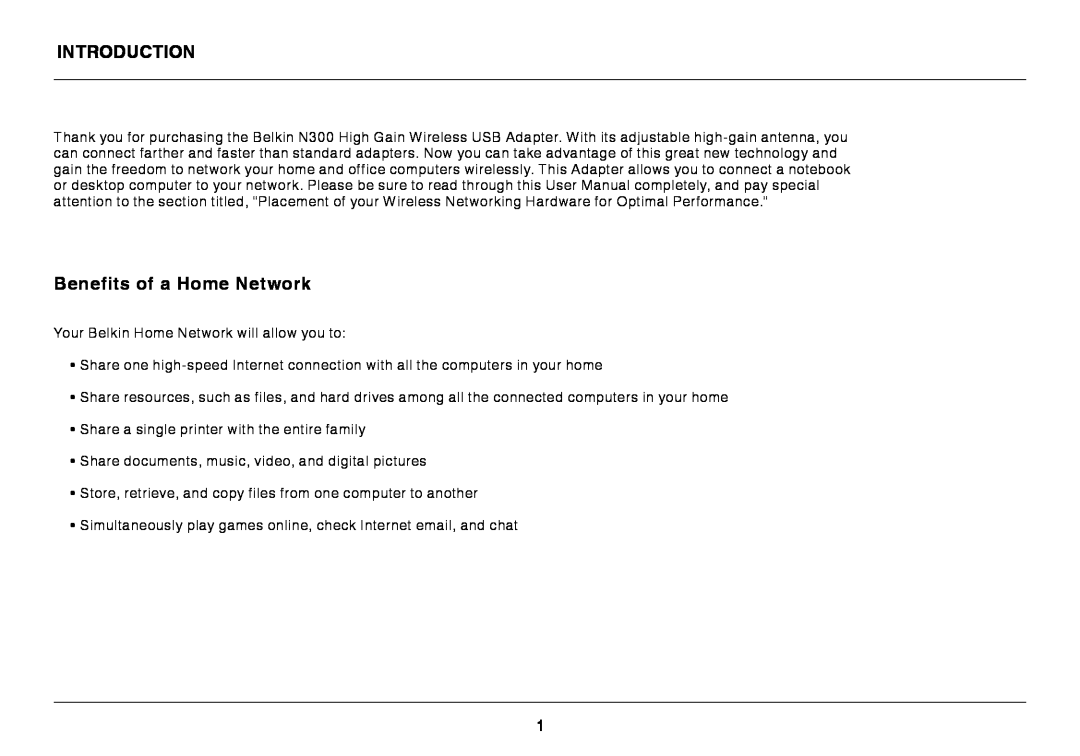 Belkin N300 XR user manual Introduction, Benefits of a Home Network 