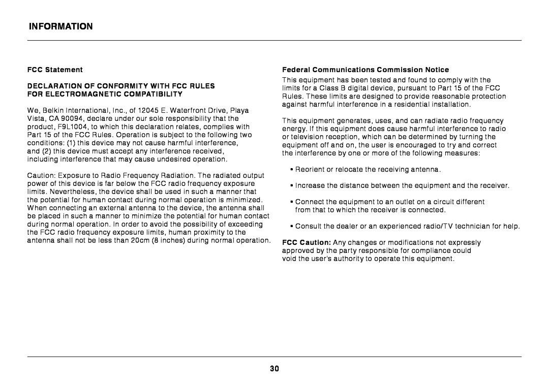 Belkin N300 XR user manual Information, FCC Statement, Federal Communications Commission Notice 