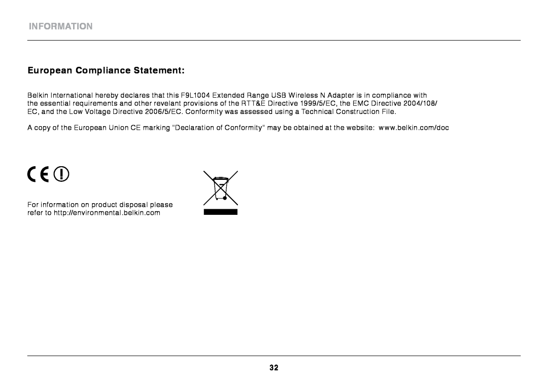 Belkin N300 XR user manual European Compliance Statement, Information 